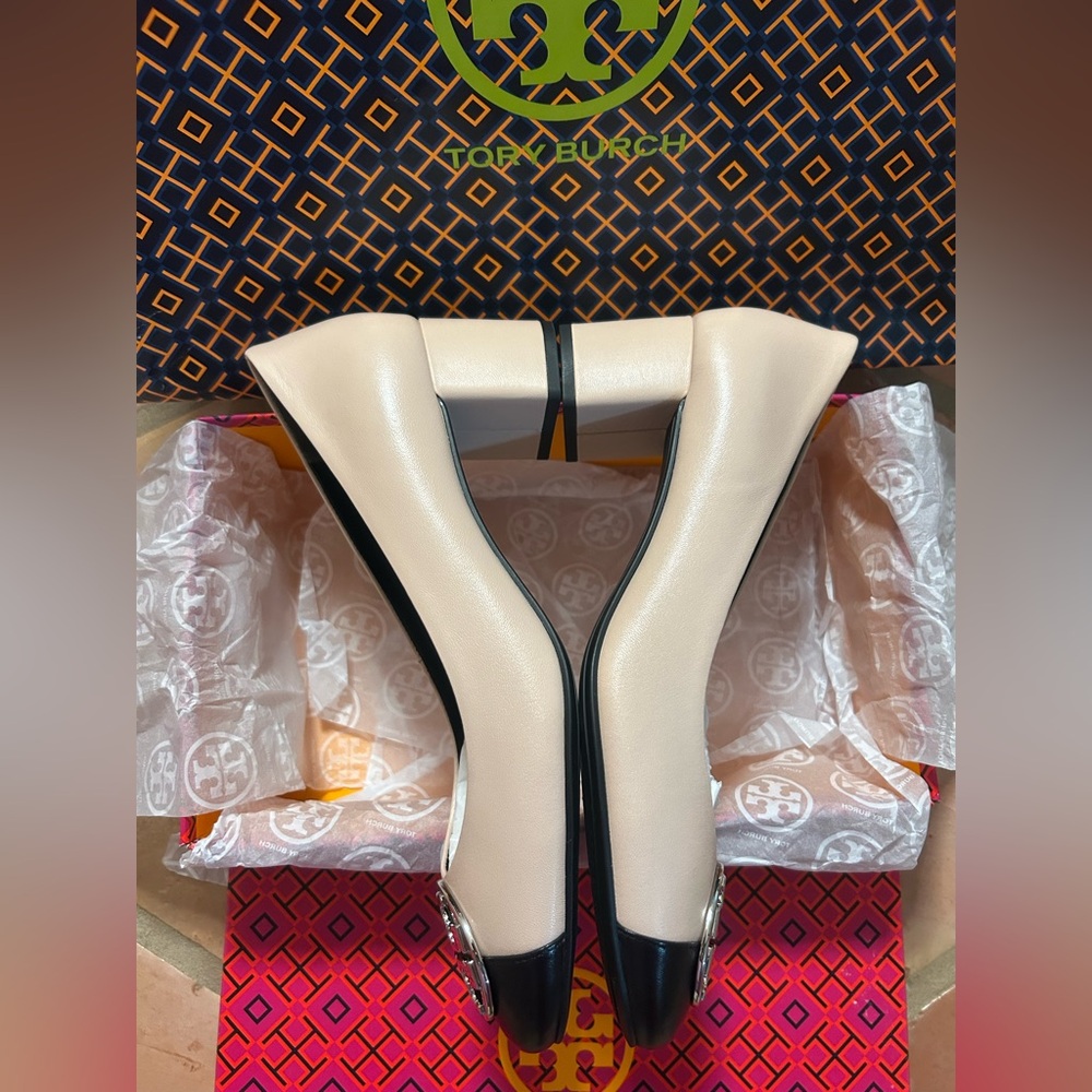 Tory Burch Rose Silk and Black Cap-Toe Pumps size 9 NWT - Picture 7 of 11